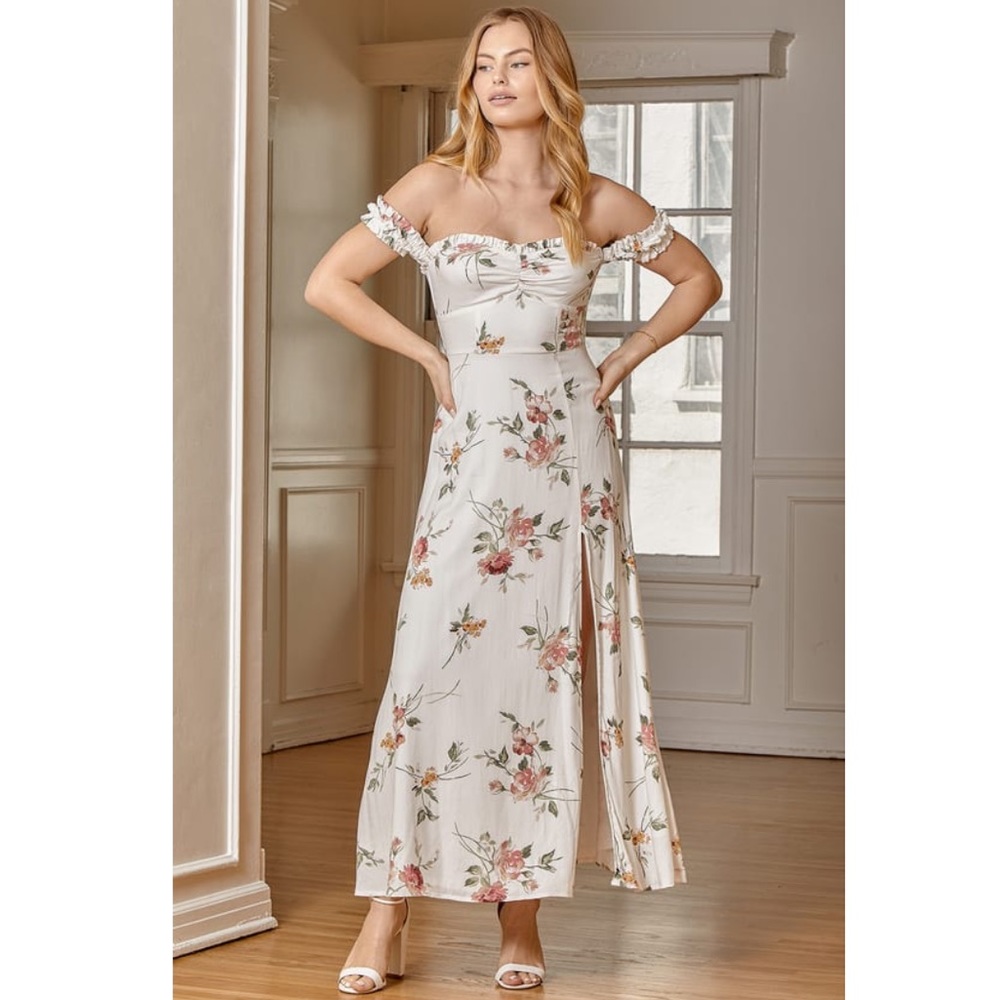 Lulu’s Capture a Heart White Floral Print Off-the-Shoulder Maxi Dress